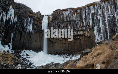 Svartifoss (nero cade) cascata in inverno, Skaftafell Islanda Foto Stock