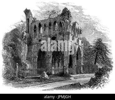 1870: Sir Walter Scott ha trascorso i suoi ultimi giorni a casa sua in Abbotsford, Roxburghs. Egli ha chiesto di essere spostato verso la sala da pranzo al fine di avere una visione chiara del suo amato fiume Tweed dalla finestra. Morì il 21 settembre 1832 e fu sepolto nel già derelitti Dryburgh Abbey - un punto egli ha identificato in età precoce come il suo luogo di riposo. Roxburghshire nei confini scozzesi Foto Stock