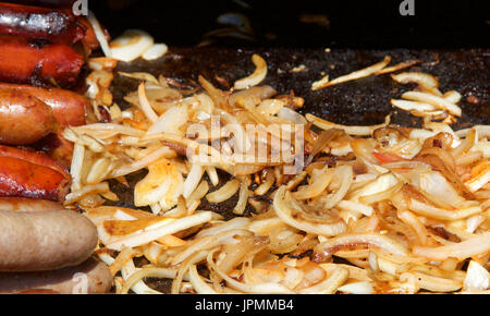 Salsicce e salami, hot dogs e cipolle grigliare su una griglia aperta. Foto Stock