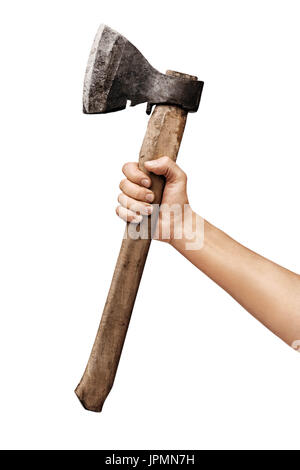 Mano d'uomo detiene un'ascia isolati su sfondo bianco. Close up. Alta risoluzione Foto Stock