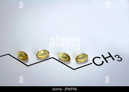 La scienza chimica formula e olio pillole, radicale metile Foto Stock