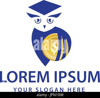 Owl detiene moneta in oro con il simbolo del dollaro, logo design, isolato su sfondo bianco. Illustrazione Vettoriale