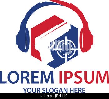 Pistola tiro con protezione per le orecchie e mirino, logo design, isolato su sfondo bianco. Illustrazione Vettoriale