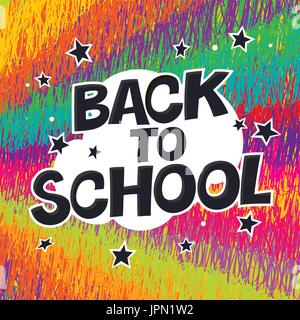 Si torna a scuola. Poster colorati con raggi e stelle. Alfabeto di fumetti. Illustrazione Vettoriale