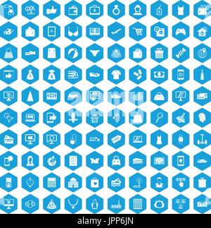 100 shopping online set di icone blu Illustrazione Vettoriale