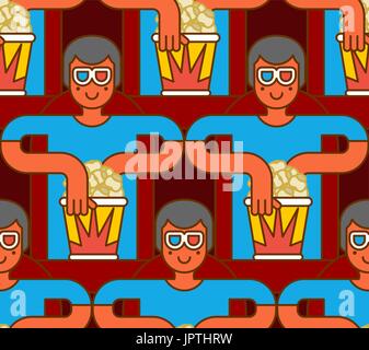 Cinema seamless pattern. Spettatore in occhiali stereo e popcorn. sfondo sfondo del visualizzatore Illustrazione Vettoriale