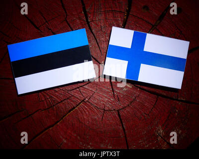 Bandiera estone con bandiera finlandese su un ceppo di albero isolato Foto Stock