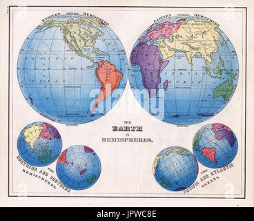 1874 Warren proiezioni globale della parte orientale ed Emisferi Occidentali lungo con proiezioni polari e di terra e di mare proiezioni Area Foto Stock