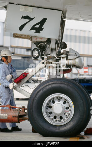 Nosewheel di ANA Boeing 747-200, Massa equipaggio di indossare le cuffie di protezione con la barra di traino collegata e il numero 74 sulla porta nosewheel Foto Stock