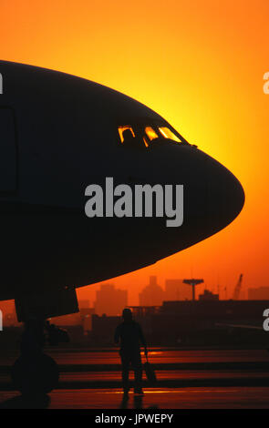 Marshaller e il naso di un ana Boeing 767-300 con pilota nell'abitacolo al crepuscolo Foto Stock