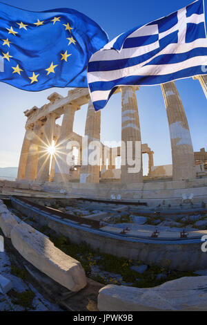 Il Partenone tempio contro Alba sull'Acropoli di Atene, Grecia Foto Stock