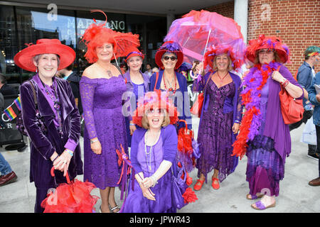 Norwich Primedonne, un 'Red Hat Society " capitolo al Pride 2017, Norwich Regno Unito, 29 Luglio 2017 Foto Stock