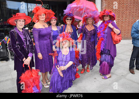 Norwich Primedonne, un 'Red Hat Society " capitolo al Pride 2017, Norwich Regno Unito, 29 Luglio 2017 Foto Stock