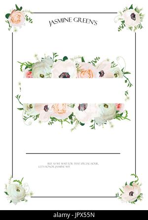 Doccia nuziale template vettoriale invito progettare con la luce rosa giardino di fiori di rosa fiori di anemone ranunculus eucalipto foglie verdi mix di erbe, tex Illustrazione Vettoriale