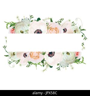 Vettore design floreale square card design. Luce soft anemone rosa ranunculus eucalipto verde felce pianta stagionale di foglie di erbe mix. Saluto,i matrimoni Illustrazione Vettoriale