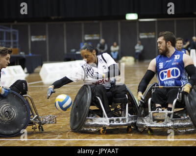 3 agosto 2017, Sydney Olympic Park, Australia. 2017 GIO Rugby in carrozzina Campionato Nazionale e Gio 2018 IWRF sedia a rotelle Rugby World Championship Test ufficiale Evento - Nuova Zelanda vs GIO NSW Gladiatori Credito: PhotoAbility/Alamy Live News Foto Stock