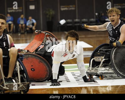 3 agosto 2017, Sydney Olympic Park, Australia. 2017 GIO Rugby in carrozzina Campionato Nazionale e Gio 2018 IWRF sedia a rotelle Rugby World Championship Test ufficiale evento - Giappone vs Nuova Zelanda Credito: PhotoAbility/Alamy Live News Foto Stock