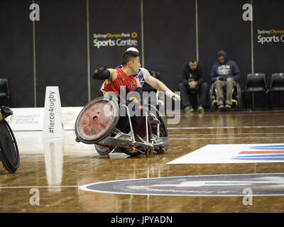 3 agosto 2017, Sydney Olympic Park, Australia. 2017 GIO Rugby in carrozzina Campionato Nazionale e Gio 2018 IWRF sedia a rotelle Rugby World Championship Test ufficiale evento - Canada vs Victoria proteggere Thunder Credito: PhotoAbility/Alamy Live News Foto Stock