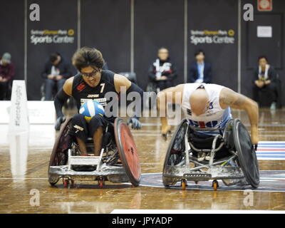 3 agosto 2017, Sydney Olympic Park, Australia. 2017 GIO Rugby in carrozzina Campionato Nazionale e Gio 2018 IWRF sedia a rotelle Rugby World Championship Test ufficiale evento - GIO NSW Gladiatori vs Japan Credit: PhotoAbility/Alamy Live News Foto Stock