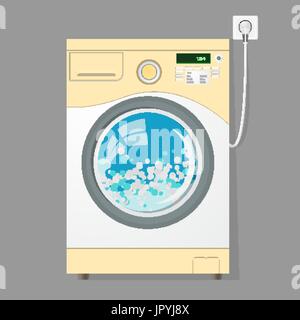 Moderna macchina di lavaggio isolata su sfondo grigio. La rondella. Attrezzature per il lavaggio della biancheria. Elettrodomestici Illustrazione Vettoriale