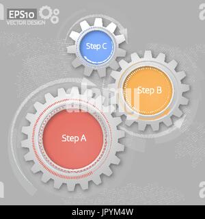 Illustrazione Vettoriale di ingranaggi con sullo sfondo azzurro. Una infografica template vettoriale. 3 fasi. Sfondo di mezzitoni. Eps10 Illustrazione Vettoriale