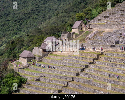 Machu Picchu, Perù - 22 Maggio 2016: camminando all'interno del Machu Picchu rovine. Foto Stock