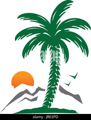 Palm tree con la montagna e sun, illustrazione design, isolati su sfondo bianco. Illustrazione Vettoriale