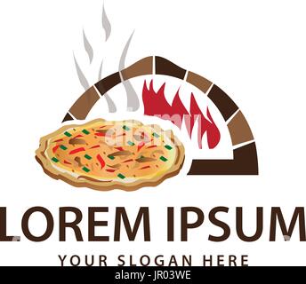 Full pizza esce dal forno con fiamme, logo design, isolato su sfondo bianco. Illustrazione Vettoriale