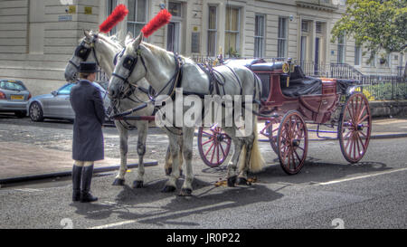 Cavallo e carrozzella sulla strada a riposo con un fante handler effetto spettrale Foto Stock