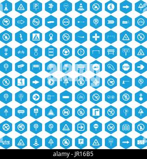 100 segnaletica stradale set di icone blu Illustrazione Vettoriale