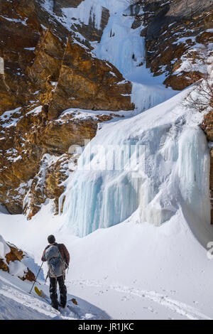 Un backcountry rider osserva una cascata ghiacciata lungo un miglio Creek in Alaska Range. Foto Stock