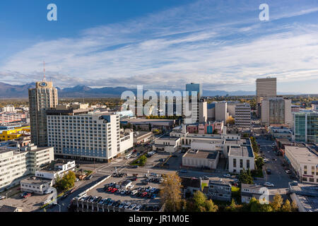 Vista aerea del centro cittadino di Anchorage, centromeridionale Alaska, STATI UNITI D'AMERICA Foto Stock