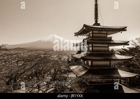 FUJIKAWAGUCHIKO, Giappone - 14 Aprile 2017 - Il monte Fuji e l'iconica cinque-livello Chureito Pagoda in una limpida giornata di primavera Foto Stock