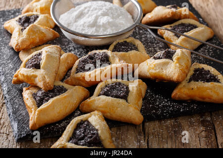 Hamantaschen ebraica biscotti con semi di papavero e zucchero in polvere vicino sul tavolo orizzontale. Foto Stock