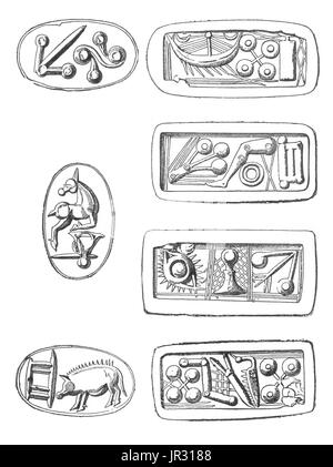 A sinistra, simboli su tre facciate corniola. Diritto, simboli su quattro facciate di pietra. Creta una volta era il centro della civiltà minoica (2700-1420 a.C.), che è attualmente considerata come la prima civiltà registrato in Europa. Corniola è stato recuperato dalla età del Bronzo Minoan strati in corrispondenza di Cnosso a Creta in una forma che ha dimostrato il suo impiego nelle arti decorative; questo uso risale a circa 1800 BC. Cnosso è la maggiore età del Bronzo al sito archeologico di Creta ed è considerato l'Europa più antichi della città. La più antica scrittura micenea è disceso dalla Linear A. lineare è uno dei due attualmente undeciphere Foto Stock