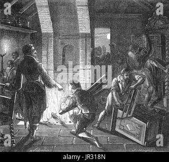 Palissy brucia i suoi mobili per mantenere la temperatura del suo forno. Bernard Palissy (1510-1589) era un Francesi Ugonotti (protestante) potter, ingegnere idraulico e artigiano. Nelle sue memorie, ha scritto che egli fu apprendista di un pittore di vetro e alla fine del suo apprendistato divenne un operaio di viaggio. A un certo punto, egli è stato mostrato un bianco smaltato (tazza di porcellana cinese) e per quasi 16 anni ha lavorato per ricreare la ceramica. A volte egli e la sua famiglia sono stati ridotti alla povertà. Quando è riuscito a rendere la ceramica è stato inferiore in merito artistico al contemporaneo productio Foto Stock