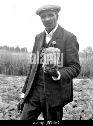 Carver, stando in piedi in campo, probabilmente a Tuskegee, tenendo pezzo di terreno. George Washington Carver (1864 - Gennaio 5, 1943) era un afro-americano di scienziato, botanico, educatore e inventore nato in schiavitù. Nel 1891 ha frequentato e studiato botanica alla Iowa State Agricultural College dove egli fu il primo studente nero e in seguito ha insegnato come il primo nero membro della facoltà. La sua reputazione si basa sulla sua ricerca e promozione di colture alternative per il cotone, come arachidi, semi di soia e patate dolci, che ha anche aiutato la nutrizione per le famiglie contadine. Egli ha voluto che gli agricoltori poveri di crescere alternativa c Foto Stock