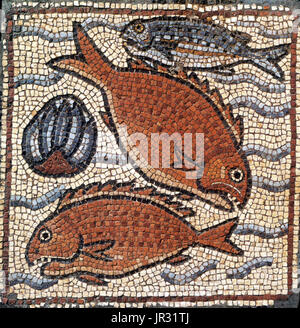 Mosaico bizantino, Fauna Marina. Theodorias (moderno Qasr Libia) era una città bizantina in Cirenaica, fondata nel 539 da parte dell'imperatore Giustiniano e chiamato in onore della moglie, l Imperatrice Teodora. La storia di Qasr Libia risale al periodo greco del IV secolo A.C. quando fu chiamato Olbia. Il complesso contiene due chiese: la chiesa orientale, scoperto nel 1957, e la chiesa occidentale, scoperto nel 1964. I mosaici sono stati scavati dalla vicina chiesa orientale dopo che esse sono state scoperte dagli operai libico. La raccolta contiene 50 pannelli, nella maggior parte dei casi di animali, dèi, dee, ninfe, Foto Stock