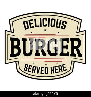 Deliziosi burger etichetta o icona su sfondo bianco, illustrazione vettoriale Illustrazione Vettoriale