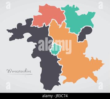 Worcestershire Inghilterra mappa con gli stati e le moderne forme rotonde Illustrazione Vettoriale