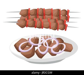 Carne, vegetariana, spiedini di pesce con pezzi spiedini. Barbecue. Uno stile piatto illustrazione vettoriale shish kebab pagina del sito web e mobile app vecto design Illustrazione Vettoriale