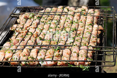 Il pollo crudo di carne con verde, Preparated per Grill all'aperto. Foto Stock