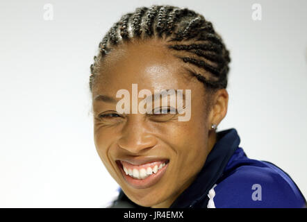 Stati Uniti d'America's Allyson Felix, durante la conferenza stampa a Londra Stadium davanti a la IAAF Campionati del mondo che inizia il venerdì. Foto Stock