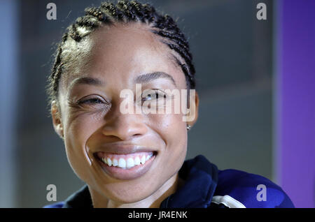 Stati Uniti d'America's Allyson Felix, durante la conferenza stampa a Londra Stadium davanti a la IAAF Campionati del mondo che inizia il venerdì. Foto Stock