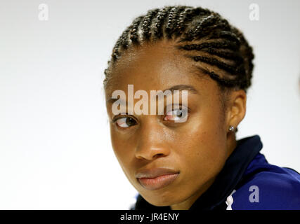 Stati Uniti d'America's Allyson Felix, durante la conferenza stampa a Londra Stadium davanti a la IAAF Campionati del mondo che inizia il venerdì. Foto Stock