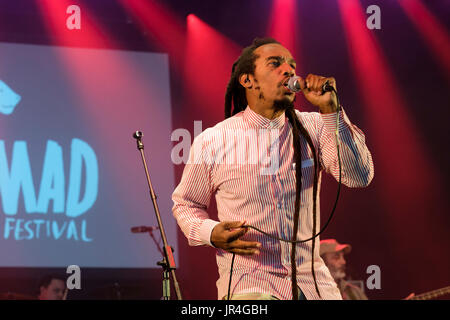 Benjamin Zephaniah e il rivoluzionario menti effettuando al Womad Festival, Charlton Park di Malmesbury, Wiltshire, Inghilterra, luglio 29, 2017 Foto Stock