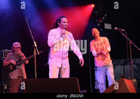 Benjamin Zephaniah e il rivoluzionario menti effettuando al Womad Festival, Charlton Park di Malmesbury, Wiltshire, Inghilterra, luglio 29, 2017 Foto Stock