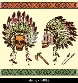 Illustrazione Vettoriale del teschio umano in native American Indian chief copricapo con tomahawks Illustrazione Vettoriale