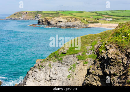 Scogliere e operazioni automatiche di fine campo cercando lungo la costa verso la spiaggia di Gunwalloe, penisola di Lizard, Cornwall, Regno Unito Foto Stock