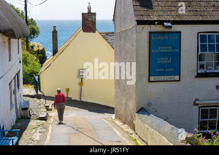 Street in Cornovaglia villaggio sulla costa di Cadgwith, penisola di Lizard, Cornwall, Regno Unito in estate con il mare dietro Foto Stock